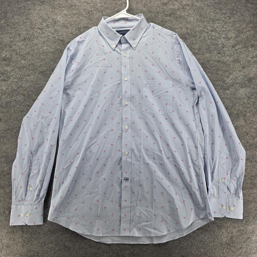 Crown & Ivy Shirt Mens L Blue Stripe Flamingo Long Sleeve Button Up Slim Fit
